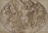 Martyrdom of St. Andrew, Ferdinand Pierre Joseph Ignace Delamonce (French, Munich 1678–1753 Lyon), Pen and brown ink, brown wash, over black chalk. Oval framing lines in pen and black ink.