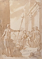 Unidentified subject: Standing Figure Placing a Scapular (?) on a Kneeling Figure, Astolfo Petrazzi (Italian, Siena 1580–1653 Siena), Pen and brown ink, brush and brown wash