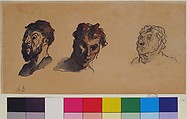 Three Male Heads, Honoré Daumier (French, Marseilles 1808–1879 Valmondois), Pen and black ink, red and brown wash, over black chalk; on beige paper, lined