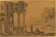 Ruins of a Temple by a Lake, Etienne Allegrain (French, Paris 1644–1736 Paris), Brush and gray wash, over graphite