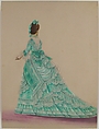 Fashion Study: Woman in a Green Dress, Anonymous, French, 19th century, Pen and brown ink, brush and gray wash, watercolor, heightened with white
