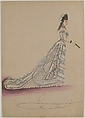 Fashion Study: Woman in a White Floral Dress, Anonymous, French, 19th century, Pen and black ink, brush and gray wash, watercolor, heightened with white