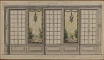 Design for a Windowed Wall with Decorative Panels, Anonymous, French, 18th century, Pen and black ink, brush and gray wash, watercolor, over graphite