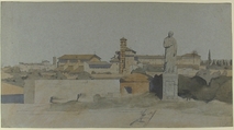 SS. Giovanni e Paolo, seen from the Villa Mattei, Rome, Jean-Achille Benouville (French, Paris 1815–1891 Paris), Watercolor over graphite on blue-gray paper