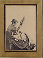 Bolognese Peasant Girl with a Distaff, Jean-Baptiste Greuze (French, Tournus 1725–1805 Paris), Pen and black ink, brush and gray wash, over traces of graphite