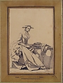 Florentine Woman Wearing a Butterfly Cap and Holding a Hand Warmer, Jean-Baptiste Greuze (French, Tournus 1725–1805 Paris), Pen and black ink, brush and gray wash, over traces of graphite
