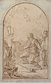 The Vision of St. Hubert, Vittorio Amedeo Rapous (Italian, Turin (?) 1728–before 1800 Turin (?)), Pen and brown ink, brush and brown wash, over black chalk; the paper washed blue outside framing lines
