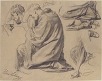 Kneeling Draped Male Figure, Facing Left, Henri Lehmann (French, Kiel 1814–1882 Paris), Graphite and estompe