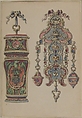 Designs for an Etui and a Chatelaine, Attributed to Pierre Moreau (French, 1722–1798 Paris), Pen and gray and black ink with brush and rose, violet, yellow, blue, and green wash. Two border lines in pen and black ink.
