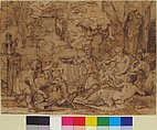 The Nurture of Jupiter, Jean-Baptiste Corneille (French, Paris 1649–1695 Paris), Pen and brown ink, brush and brown wash, over traces of graphite. Squared in black chalk.