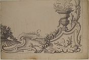Design for the Corner of a Decoration (recto); Sketch of Monumental Building with Four Temple-Front Entrances (verso), Jacques de Lajoüe (French, Paris 1686–1761 Paris), Pen and dark gray ink, brush and gray wash, with parallel diagonal lines and scale in black chalk, and with incised lines square off in lower part of sheet (recto); pen and gray ink over black chalk (verso). Framing lines on bottom and right side (recto)