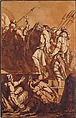 Prisoners Led Out of a Dungeon, Philippe Louis Parizeau  French, Pen and brown ink, brown wash, over a red chalk counterproof, and traces of graphite