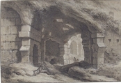 View Within the Colosseum, Rome, Charles Michel Ange Challe (French, Paris 1718–1778 Paris), Black chalk, heightened with white on gray-blue paper; framing lines in pen and brown ink. Verso: faint black chalk sketch of an arch