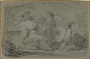Semiramus Inspecting a Plan of Babylon, Jean Simon Berthélemy (French, Laon 1742–1811 Paris), Black and white chalk on blue-gray paper