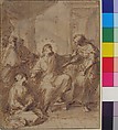 Christ in the House of Martha and Mary, Ferdinand Pierre Joseph Ignace Delamonce (French, Munich 1678–1753 Lyon), Pen and brown ink, brown and gray wash, over traces of graphite; squared in red chalk and graphite