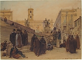 The Campidoglio seen from the Staircase of the Church of the Aracoeli, Rome, at Sunset, Charles-François Houel (French, Paris 1819–1849 Paris), Pen and brown ink, brown wash, watercolor and gouache; lined