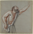 Man Leaning on a Crutch with Left Arm Raised, Alexandre Hesse (French, Paris 1806–1879 Paris), Black, red and white chalk on gray paper