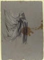 Drapery Study for Saint Remi (middle register; study for wall paintings in the Chapel of Saint Remi, Sainte-Clotilde, Paris, 1858), Isidore Pils (French, Paris 1813/15–1875 Douarnenez), Black chalk, stumped, heightened with white chalk, on gray paper.  Large brown stain.