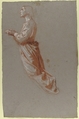 Angel (upper register; study for wall paintings in the Chapel of Saint Remi, Sainte-Clotilde, Paris, 1858), Isidore Pils (French, Paris 1813/15–1875 Douarnenez), Red chalk, stumped, heightened with white chalk and gouache, with traces of black chalk, on gray paper