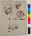 Sheet of Studies:  Three Male Heads, a Lion and a Mouse, Pierre Jean David d'Angers (French, Angers 1788–1856 Paris), pen and brown ink