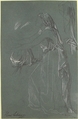 Study for the figure of Sarah in the now-lost painting, "Tobias Brings His Bride Sarah to the House of His Father, Tobit", Henri Lehmann (French, Kiel 1814–1882 Paris), Graphite and white chalk, on blue paper