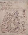 Religion Kneeling before a Monstrance, Attended by Putti, Cigoli (Ludovico Cardi) (Italian, Castello di Cigoli 1559–1613 Rome), Pen and brown ink, brush and brown wash, over black chalk