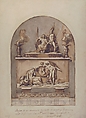 Design for a Sepulchral Monument Divided in Two Parts with Bas Relief Surmounted by Statues and Foliate Decoration Below, Guiseppe Colignon (Collignon) (Italian, Castelnuovo Berardenga, Siena 1778–1863 Florence), Pen and brown ink, brush with gray and brown wash, over traces of graphite