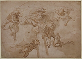 God the Father with Four Angels, Bertoia (Jacopo Zanguidi) (Italian, Parma 1544–?1573 Caprarola (?)), Pen and brown ink, brush and brown wash, over traces of black chalk