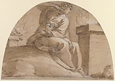 Seated Allegorical Female Figure, Morazzone (Pier Francesco Mazzucchelli) (Italian, Morazzone 1573–?1626 Piacenza), Pen and brown ink, gray wash over black chalk, highlighted with white, on light gray washed paper
