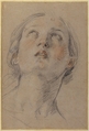 The Head of a Woman Looking Up (Judith), Guido Reni (Italian, Bologna 1575–1642 Bologna), Red and black chalk, on originally blue paper now faded to light brown-gray