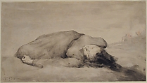War Scene (A Female Casualty), Théodule-Augustin Ribot (French, Saint-Nicolas-d&#39;Attez 1823–1891 Colombes), Pen and black ink, brush and gray wash, with touches of red ink on heavy off-white wove paper
