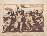 Four Putti on Clouds, Leonardo Scaglia (Italian, documented Perugia, Ancona, 1640–1650), Pen and brown ink, brown wash, over traces of black chalk