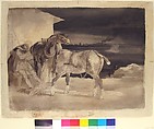 Two Draft Horses with a Sleeping Driver, Théodore Gericault (French, Rouen 1791–1824 Paris), Brush and brown and gray wash, over graphite