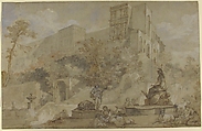 The Fountain of Rome at the Villa d'Este, Tivoli, Charles Joseph Natoire (French, Nîmes 1700–1777 Castel Gandolfo), Pen and brown ink, brush and brown and gray wash, watercolor, heightened with white, over black and red chalk, on faded blue paper