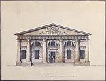 Project for the Riding-School of the Horse Guards in Saint Petersburg - Elevation of the Side Entrance, Giacomo Quarenghi (Italian, Rota d&#39;Imagna near Bergamo 1744–1817 Saint Petersburg), Pen and black ink, brush with black-gray, brown, pink, blue, and ochre wash, over ruled construction lines in graphite.  Framing lines in pen and black ink over graphite