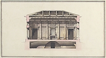 Project for the Alexander Palace, Tsarskoe Selo (Section), Giacomo Quarenghi (Italian, Rota d&#39;Imagna near Bergamo 1744–1817 Saint Petersburg), Pen and black ink, brush with pink, gray and ocher wash, over ruled construction lines in graphite