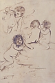 Four Putti with Bow and Arrows on Clouds above a Landscape with a Tower, Guercino (Giovanni Francesco Barbieri) (Italian, Cento 1591–1666 Bologna), Pen and brown ink, with brush and brown wash ; some red chalk transferred