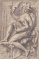 Seated Triton, Perino del Vaga (Pietro Buonaccorsi) (Italian, Florence 1501–1547 Rome), Pen and brown ink, brush and brown wash, over traces of black chalk; outlines partly incised