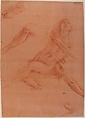 Studies for an Angel in Glory, Antonio d&#39;Enrico Tanzio (Tanzio da Varallo) (Italian, Riale d&#39;Alagna 1575/80–1632/33 Novara), Red chalk on off-white laid paper washed pale ochre; main study squared for transfer