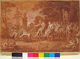 The Stalled Procession, Claude Gillot (French, Langres 1673–1722 Paris), Point of brush with gouache and red wash, over pen and black ink underdrawing, on prepared white laid paper