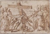 The Discovery of the True Cross, Bernardo Strozzi (Italian, Genoa 1581–1644 Venice), Pen and brown ink, over traces of leadpoint or black chalk, on off-white laid paper; framing lines in pen and darker brown ink
