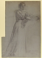 A Woman Distributing Bread from a Basket: Study for "Feed the Hungry," in the Chapel of the Seven Corporal Works of Mercy (Les Oeuvres de Miséricorde), Church of Saint-Eustache, Paris, Victor-François-Eloi Biennourry (French, Bar-sur-Aube 1823–1893 Paris), Fabricated black and white chalk, squared with fabricated black chalk, on blue laid paper