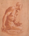 Seated Boy, Girolamo Macchietti (Italian, Florence (?) ca. 1535–1592 Florence), Red chalk, highlighted with white chalk, on off-white paper washed with pale ochre; framing outlines in pen and brown ink