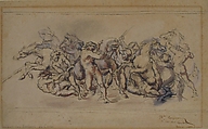 Start of the Race of the Barberi Horses, Rome, Jean-Baptiste Carpeaux (French, Valenciennes 1827–1875 Courbevoie), Pen and brown ink, watercolor, and gouache
