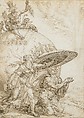 Man Protected by the Shield of Faith, Maarten van Heemskerck (Netherlandish, Heemskerck 1498–1574 Haarlem), Pen and brown ink, over traces of black chalk; indented for transfer; framing lines in pen and brown ink