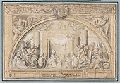 The Annunciation, Martin Fréminet (French, Paris 1567–1619 Paris), Black chalk, pen and brown ink, brush and gray wash, heightened with white.  The architectural elements along the upper margin, including the cornice and the coat of arms, were drawn on a separate sheet, silhouetted and laid down.
