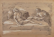 The Dead Christ Mourned by the Magdalen Who Venerates the Wounds on His Feet, Fortunato Duranti (Italian, 1787–1863), Pen and brown ink, brush and gray-brown wash, highlighted with white gouache