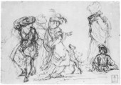Five Figures in Fantastic Costumes with Two Dogs, Salvator Rosa (Italian, Arenella (Naples) 1615–1673 Rome), Black ink on dark tan paper