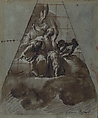 King David with Angels, Morazzone (Pier Francesco Mazzucchelli) (Italian, Morazzone 1573–?1626 Piacenza), Pen and brown ink, brush and brown wash, highlighted with white gouache over traces of charcoal or black chalk; squared in red chalk on blue paper
