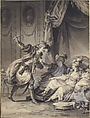 Comme ils en étaient là, arrive l'oncle, Jean Michel Moreau le Jeune (French, Paris 1741–1814 Paris), Pen and black ink, brush and gray wash, heightened with white gouache